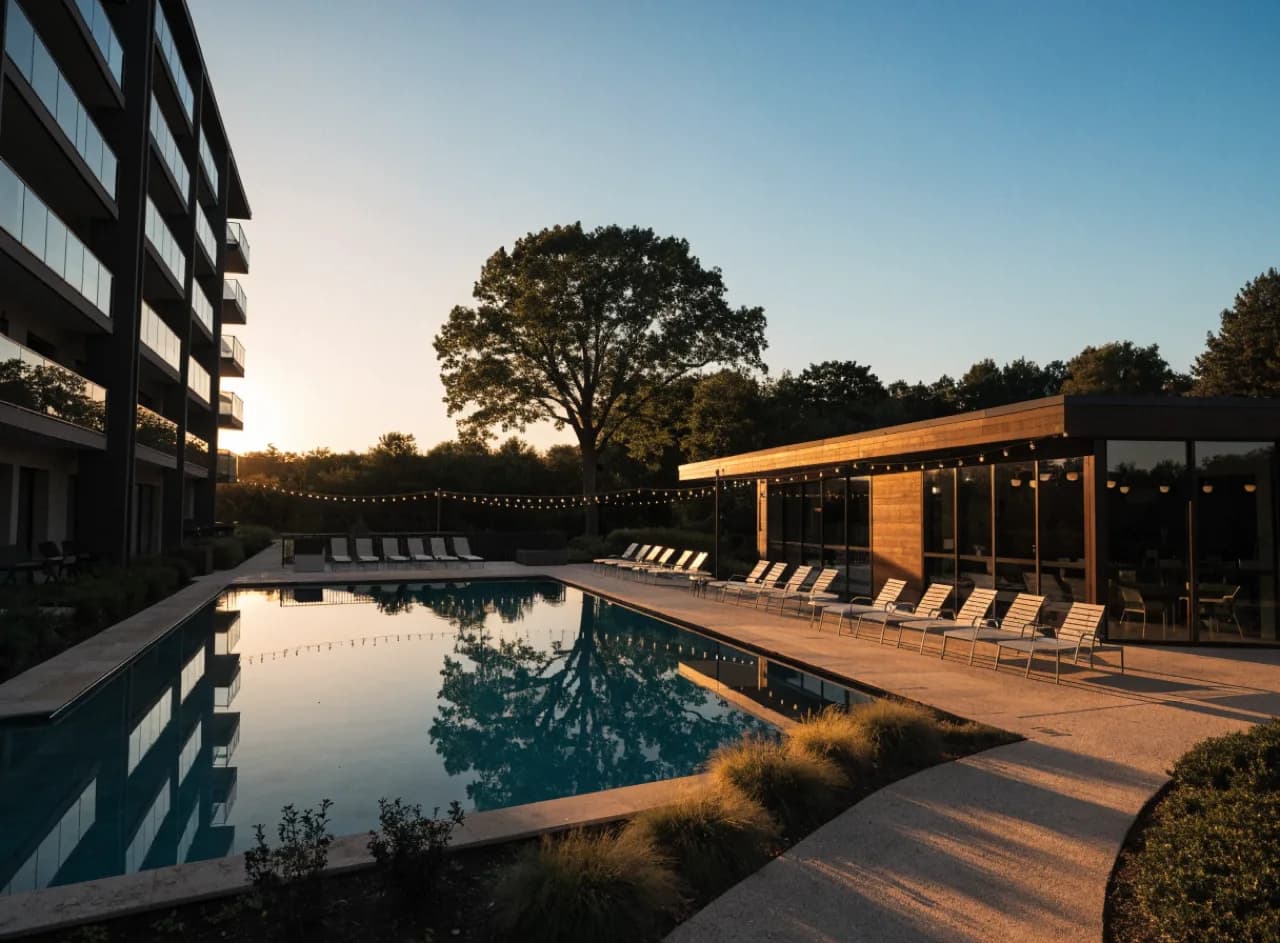Community pool and clubhouse lit at twilight.