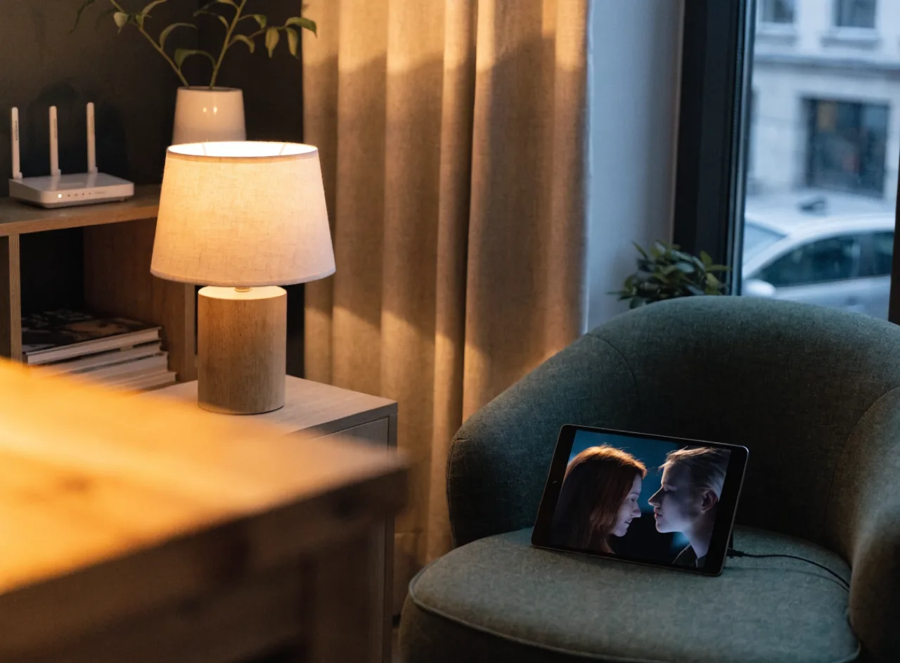 Cozy connected living room corner with smart-home devices in view.