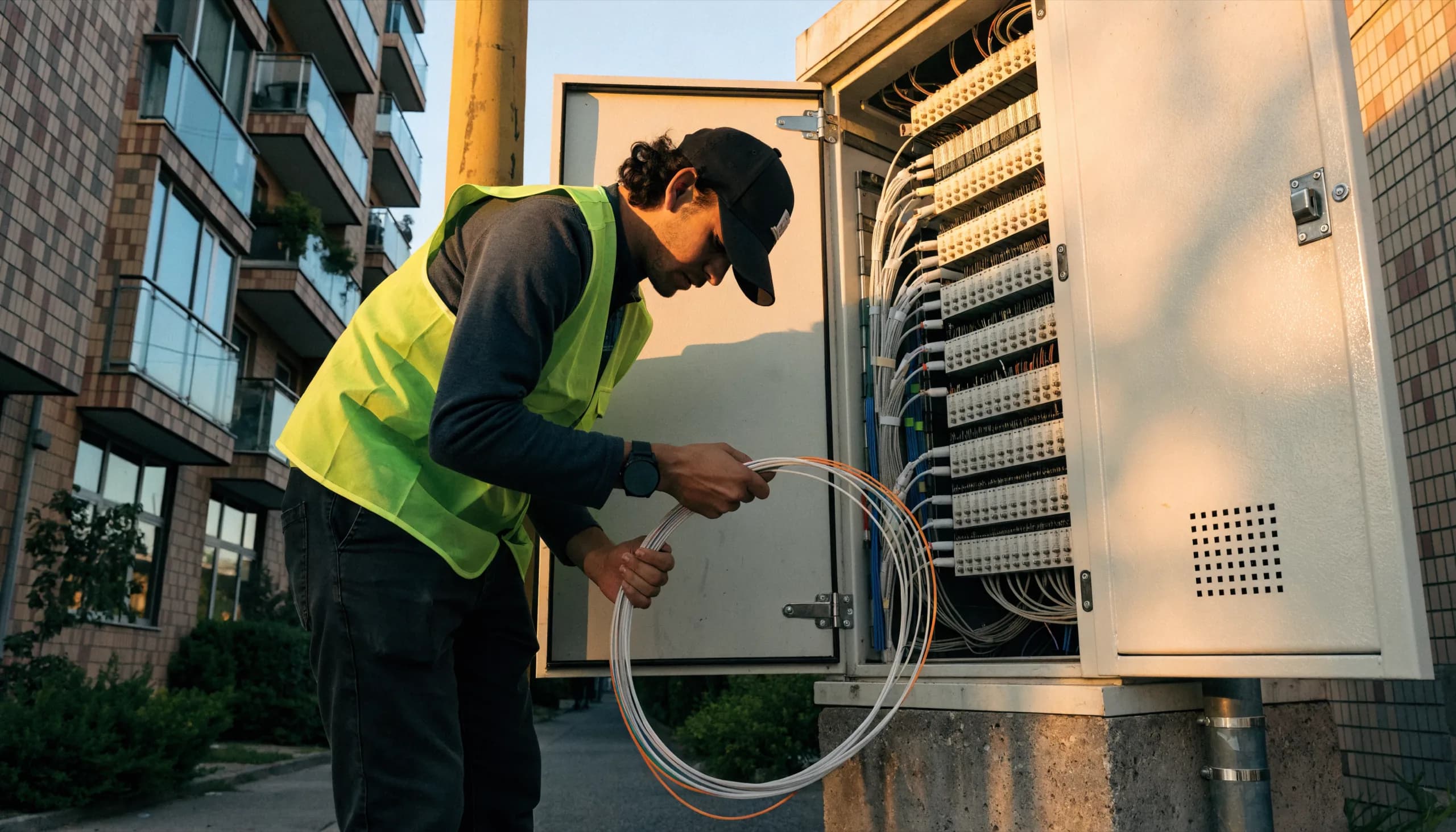 Fiber technician working at dusk.