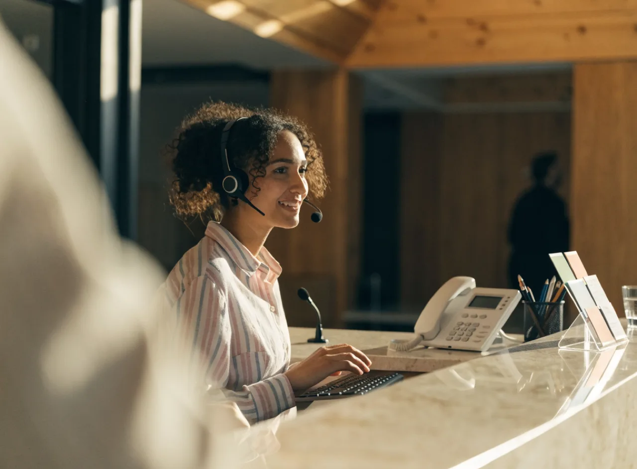 Front desk employee wearing a headset.